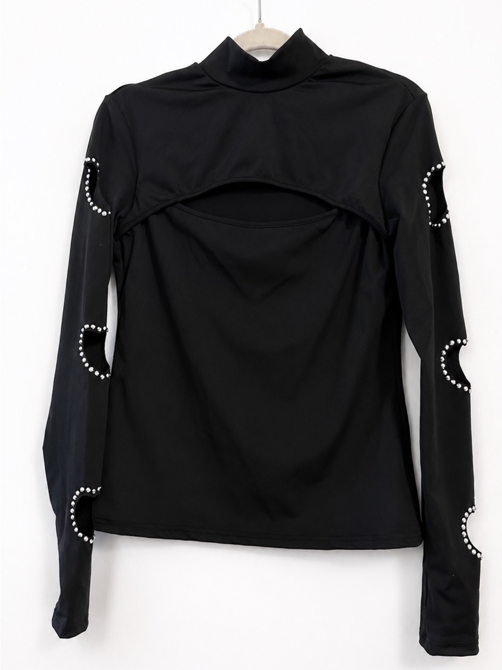 Black Rhinestone Heart Cutout Mock Neck Long Sleeve Top Front Chest Cutout Y2K